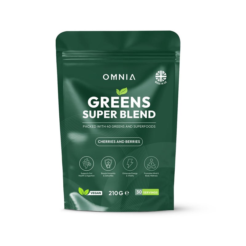 OMNIA Super Greens Powder â€“ 40 Ingredients with Superfoods, Vitamins & Antioxidants â€“ Supports Gut Health, Detox, Energy & Immunity â€“ Vegan-Friendly, Non-GMO â€“ 30 Servings (210G, Cherries and Berries)